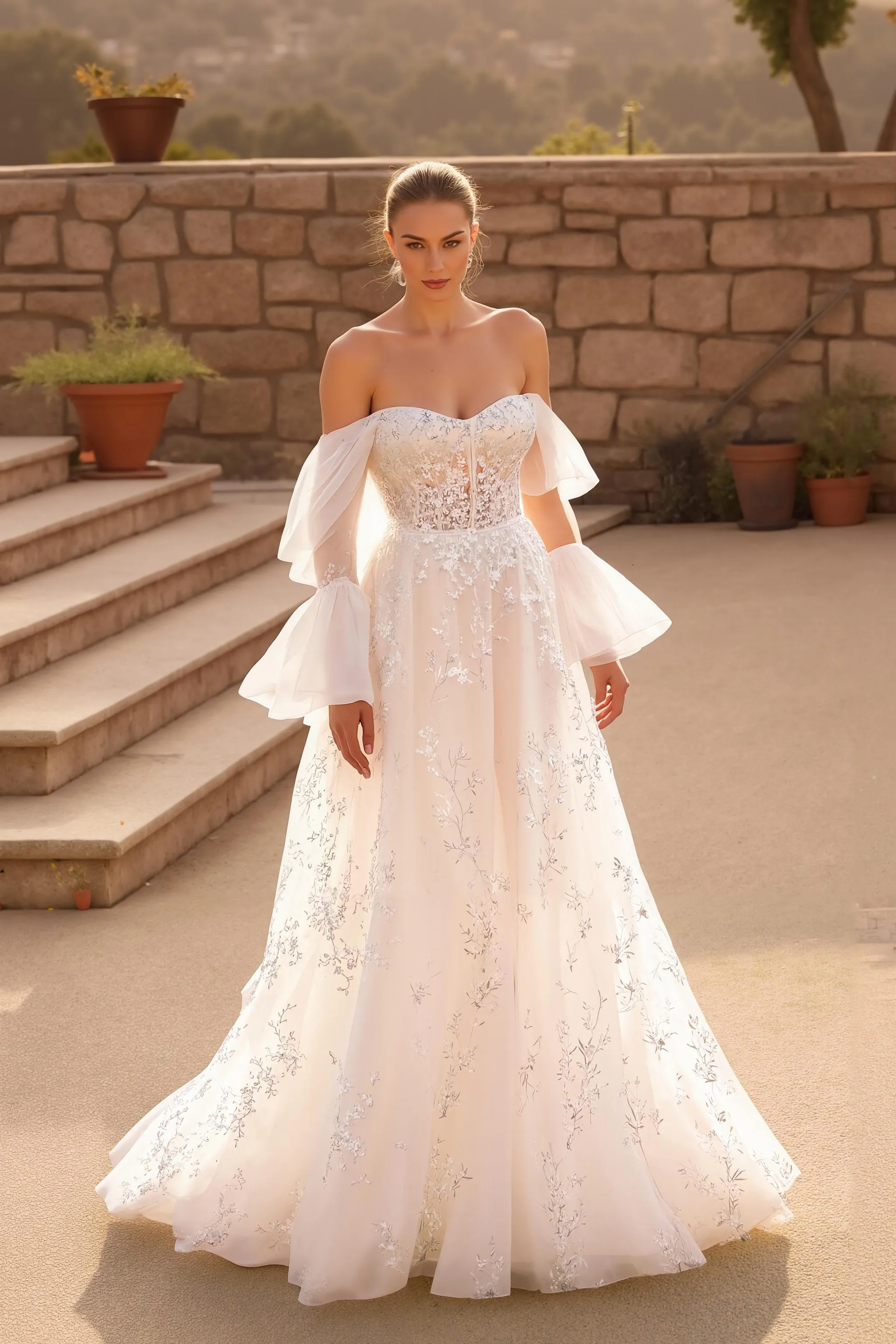 Ivory A Line Off The Shoulder Flare Sleeve Chapel Train Wedding Dress With Lace Appliques sold by Zapaka