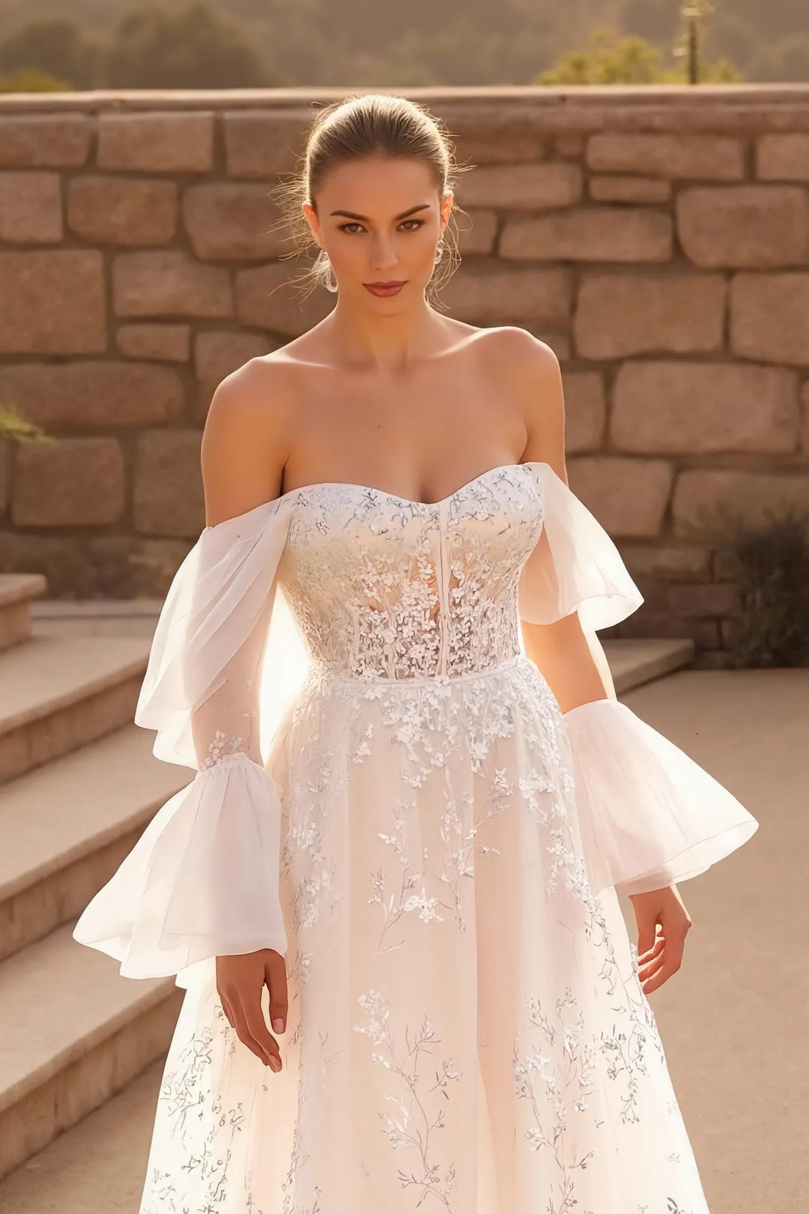 Ivory A Line Off The Shoulder Flare Sleeve Chapel Train Wedding Dress With Lace Appliques sold by Zapaka product image thumbnail 2