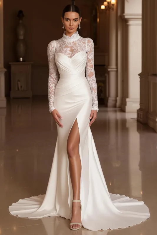 Ivory Mermaid High Neck Long Sleeve Court Train Wedding Dress With Lace sold by Zapaka