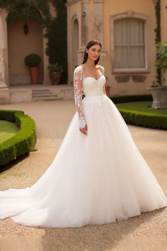 Ivory A Line Square Neck Long Sleeves Corset Court Train Wedding Dress With Lace Appliques sold by Zapaka