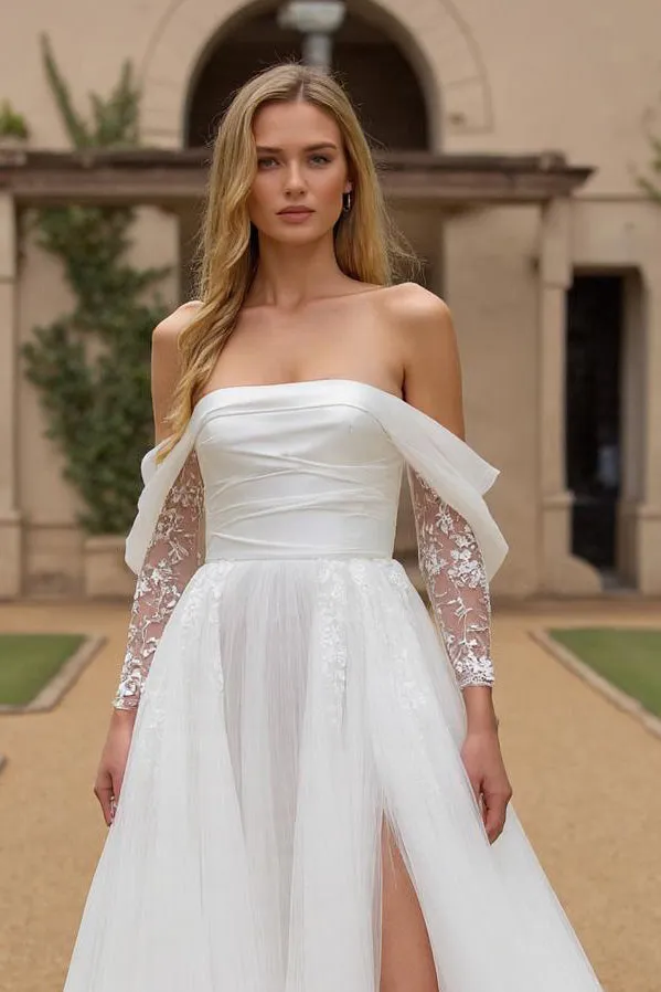 Ivory A Line Off The Shoulder Ruched Court Train Wedding Dress With Lace Appliques sold by Zapaka product image thumbnail 2