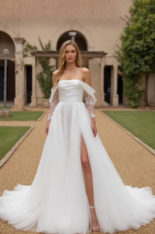 Ivory A Line Off The Shoulder Ruched Court Train Wedding Dress With Lace Appliques sold by Zapaka