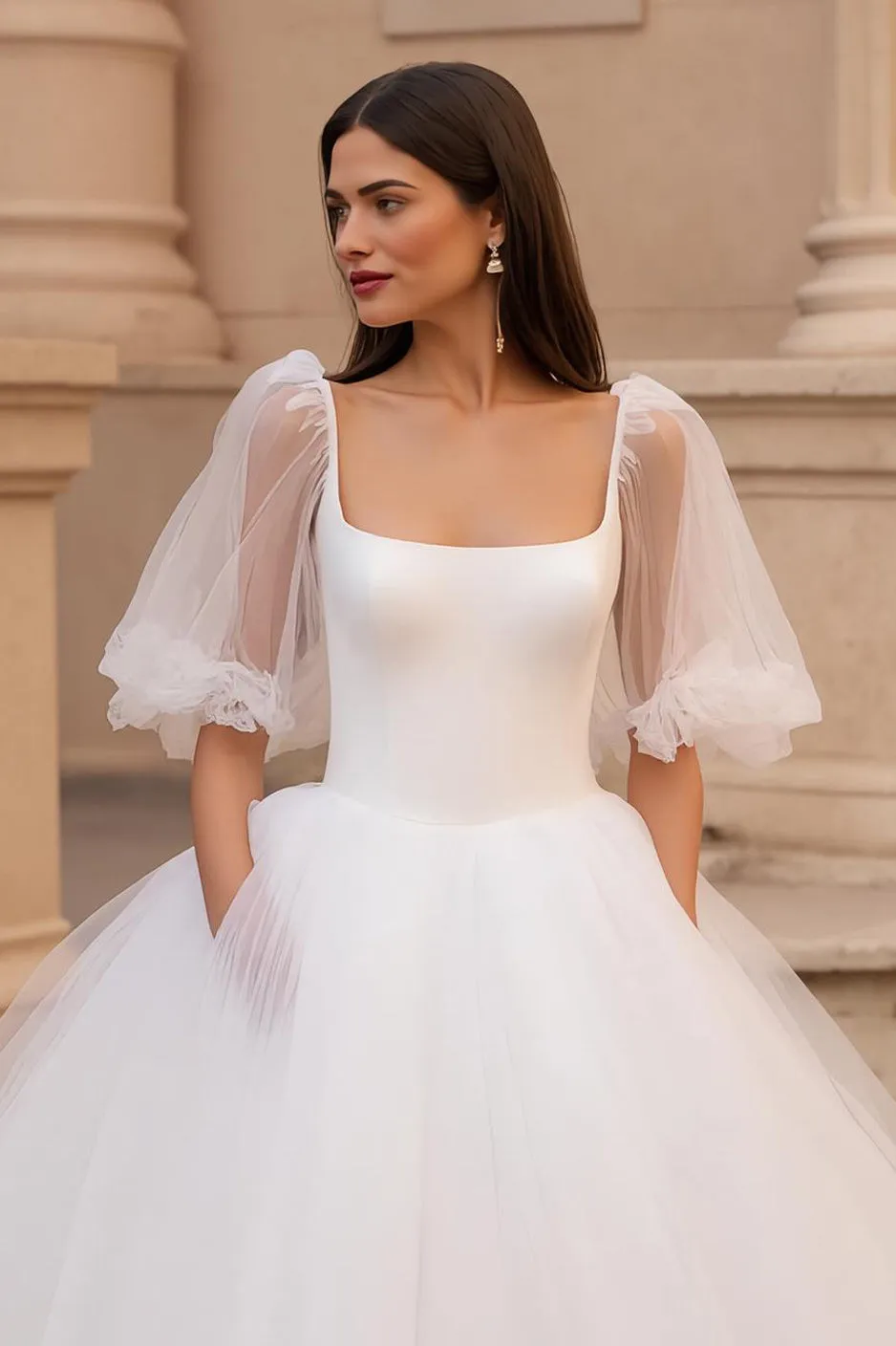 Ivory A Line Square Neck Half Sleeve Tulle Court Train Wedding Dress sold by Zapaka product image thumbnail 4