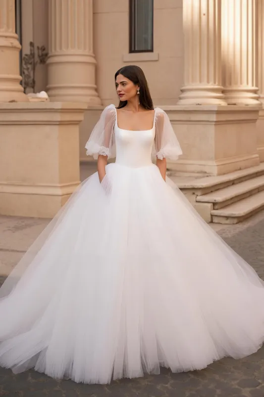 Ivory A Line Square Neck Half Sleeve Tulle Court Train Wedding Dress sold by Zapaka