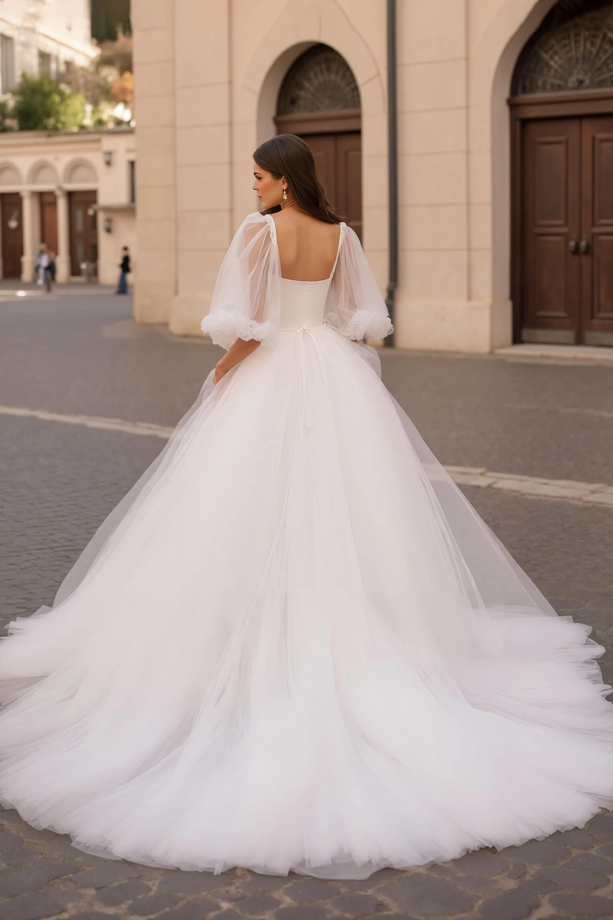 Ivory A Line Square Neck Half Sleeve Tulle Court Train Wedding Dress sold by Zapaka product image thumbnail 2