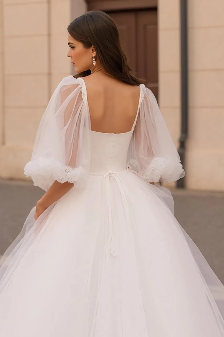 Ivory A Line Square Neck Half Sleeve Tulle Court Train Wedding Dress sold by Zapaka product image thumbnail 3
