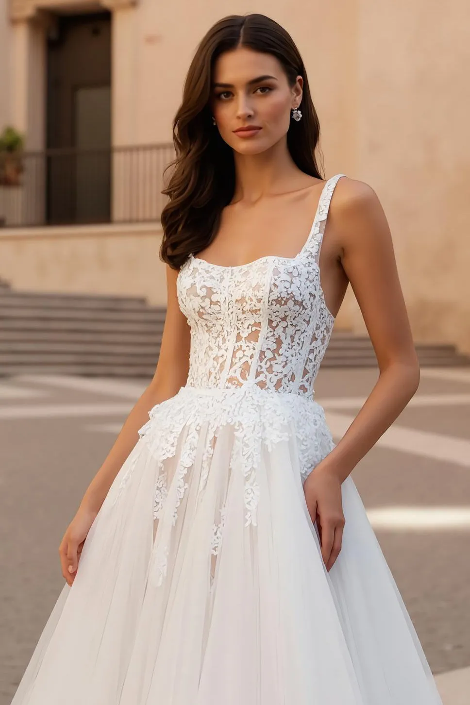 Ivory A Line Square Neck Corset Tulle Court Train Wedding Dress With Lace sold by Zapaka product image thumbnail 3