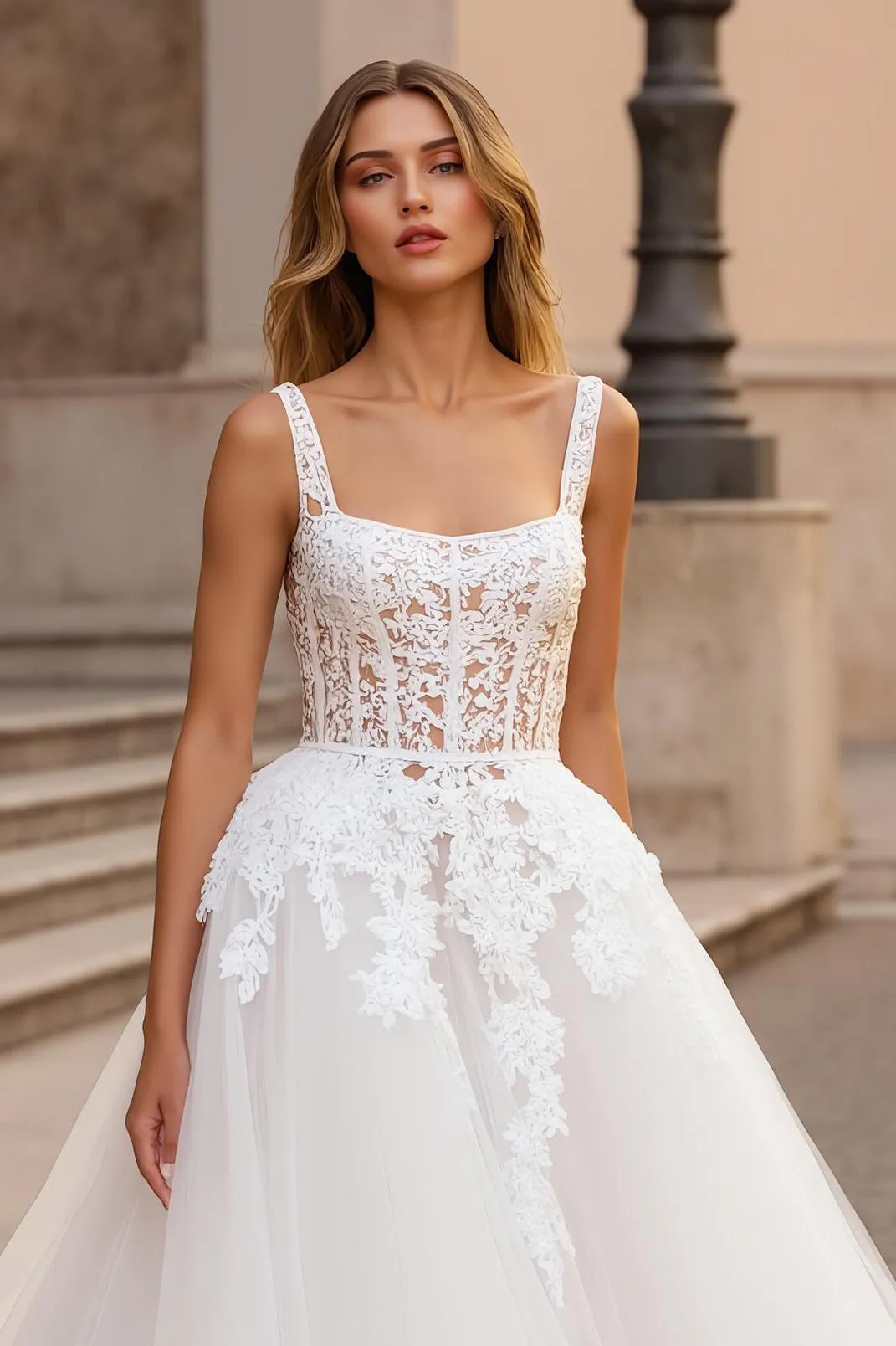 Ivory A Line Square Neck Corset Tulle Court Train Wedding Dress With Lace sold by Zapaka product image thumbnail 4
