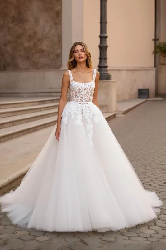 Ivory A Line Square Neck Corset Tulle Court Train Wedding Dress With Lace sold by Zapaka