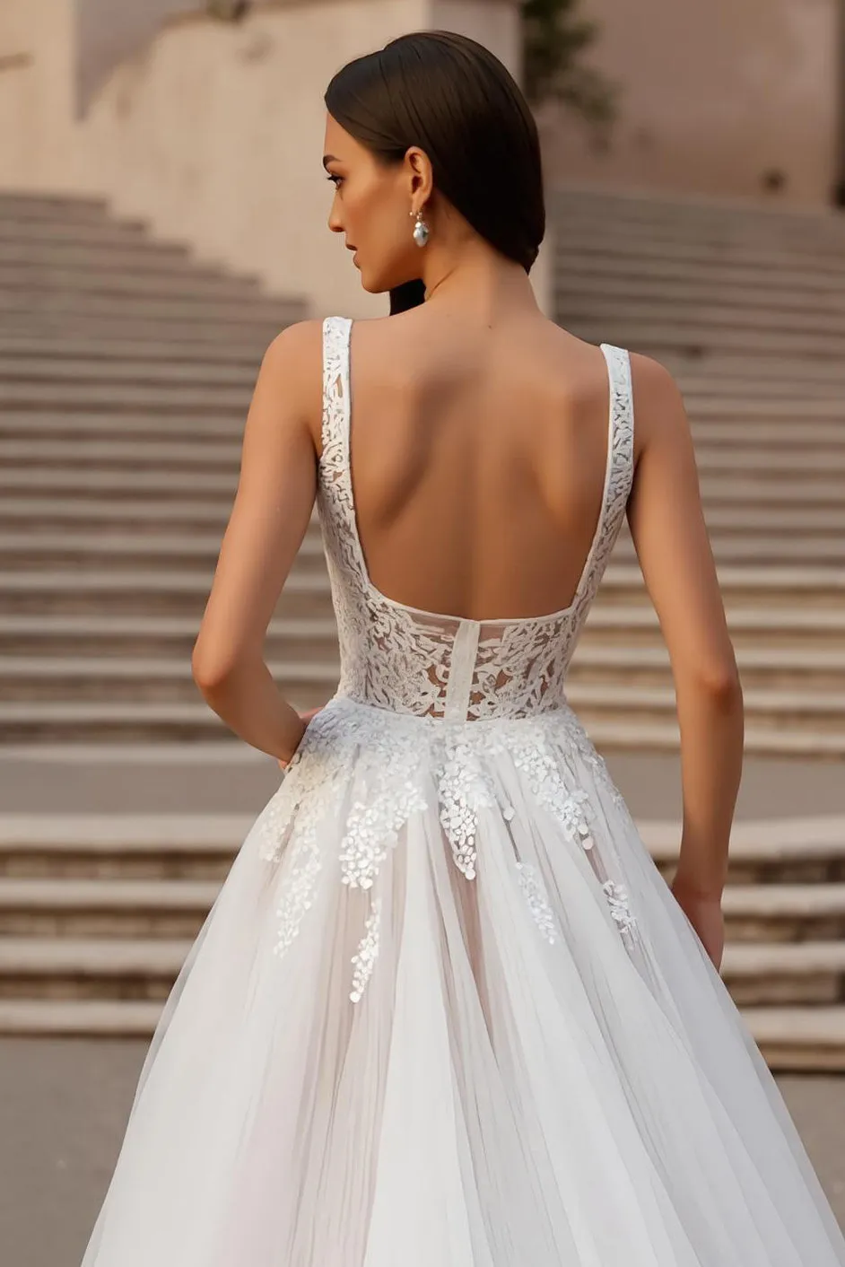 Ivory A Line Square Neck Corset Tulle Court Train Wedding Dress With Lace sold by Zapaka product image thumbnail 5