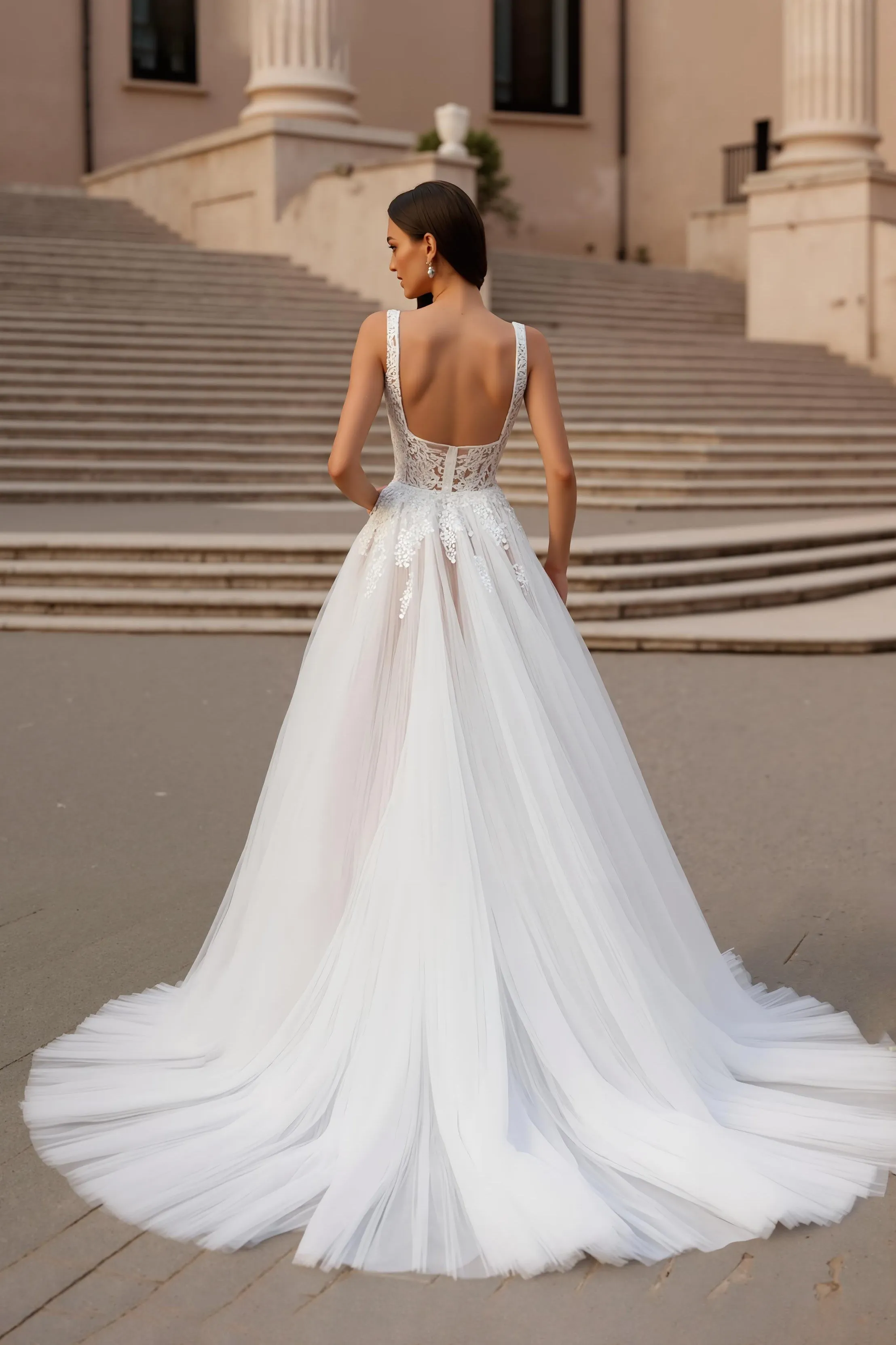 Ivory A Line Square Neck Corset Tulle Court Train Wedding Dress With Lace sold by Zapaka product image thumbnail 2