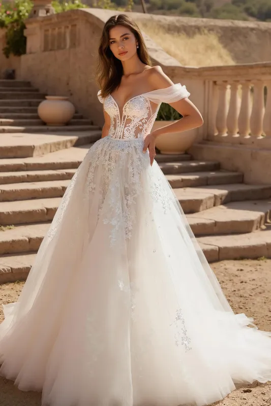 A-Line Ivory Off The Shoulder Tulle Court Train Wedding Dress With Lace Appliques sold by Zapaka