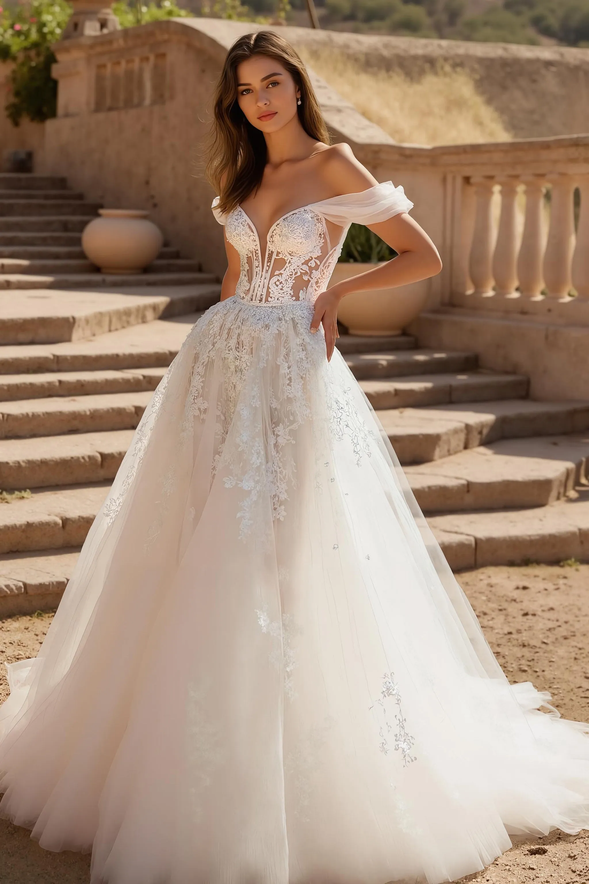 A-Line Ivory Off The Shoulder Tulle Court Train Wedding Dress With Lace Appliques sold by Zapaka