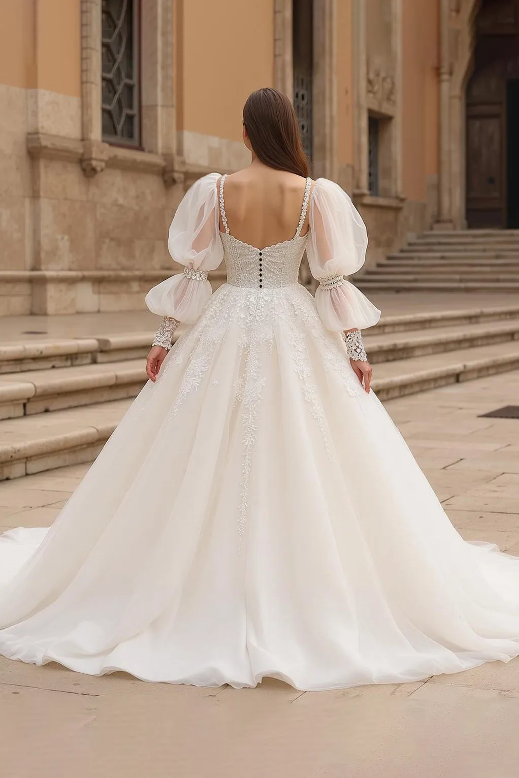 Ivory A Line Square Neck Puff Sleeves Chapel Train Wedding Dress With Lace Appliques sold by Zapaka product image thumbnail 2