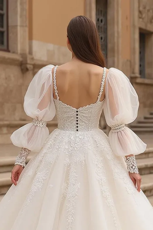 Ivory A Line Square Neck Puff Sleeves Chapel Train Wedding Dress With Lace Appliques sold by Zapaka product image thumbnail 3