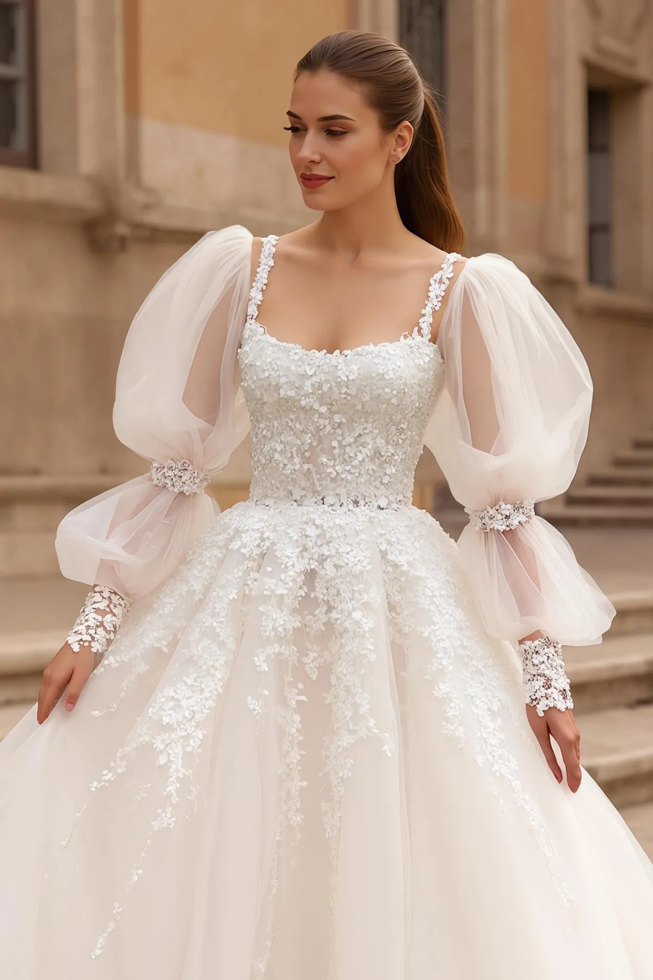 Ivory A Line Square Neck Puff Sleeves Chapel Train Wedding Dress With Lace Appliques sold by Zapaka product image thumbnail 4