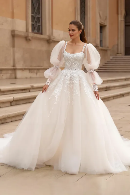 Ivory A Line Square Neck Puff Sleeves Chapel Train Wedding Dress With Lace Appliques sold by Zapaka