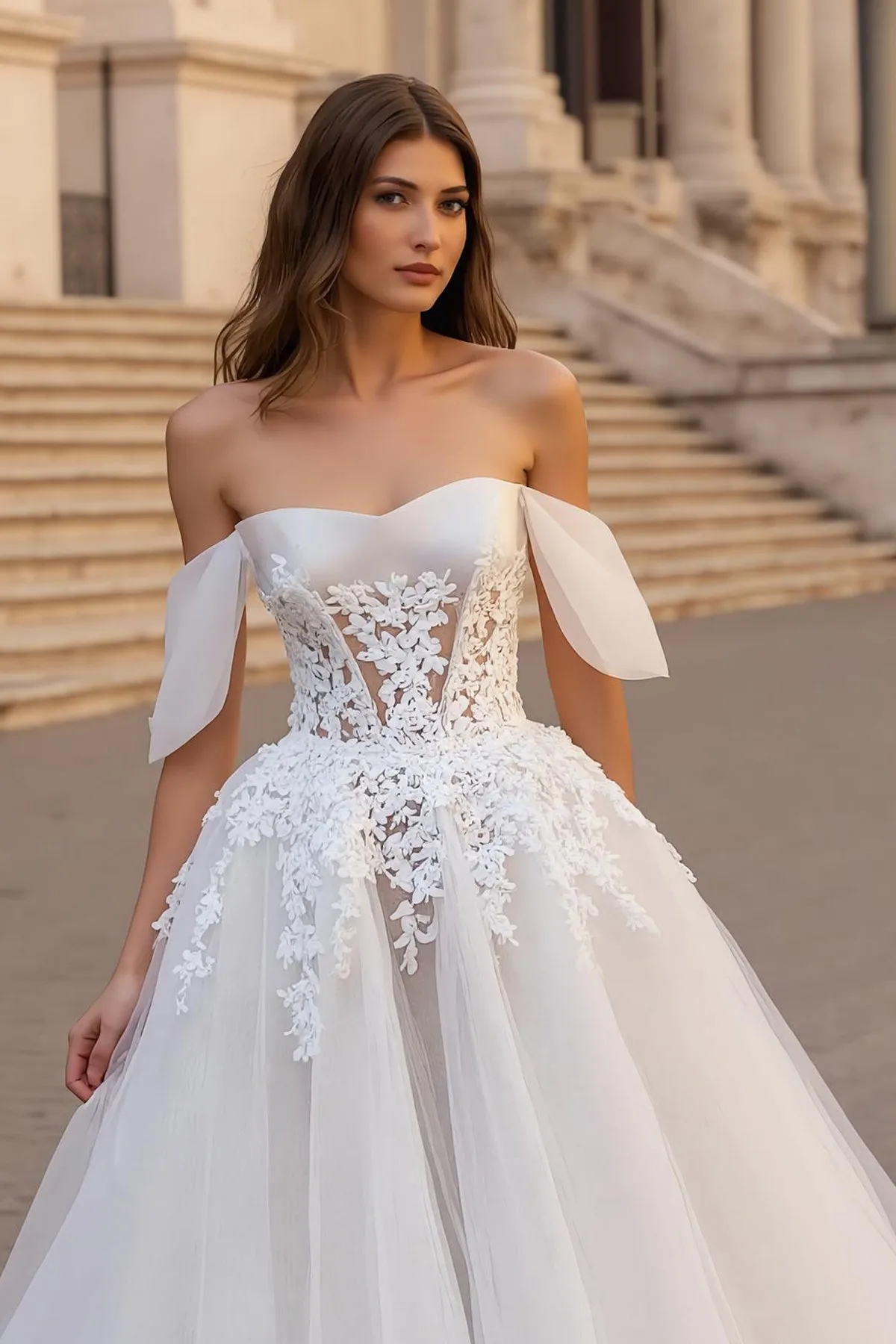 Off The Shoulder Ivory Appliqued A Line Sweep Train Wedding Dress sold by Zapaka product image thumbnail 3