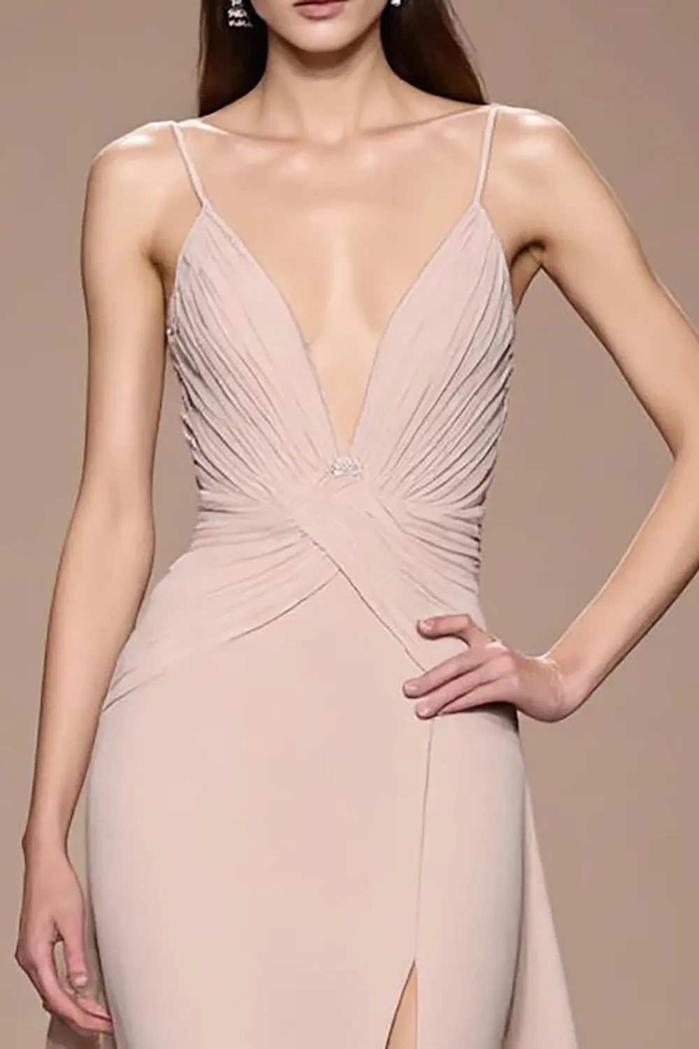 Champagne A Line Satin Ruched Maxi Evening Dress with Slit sold by Zapaka product image thumbnail 3
