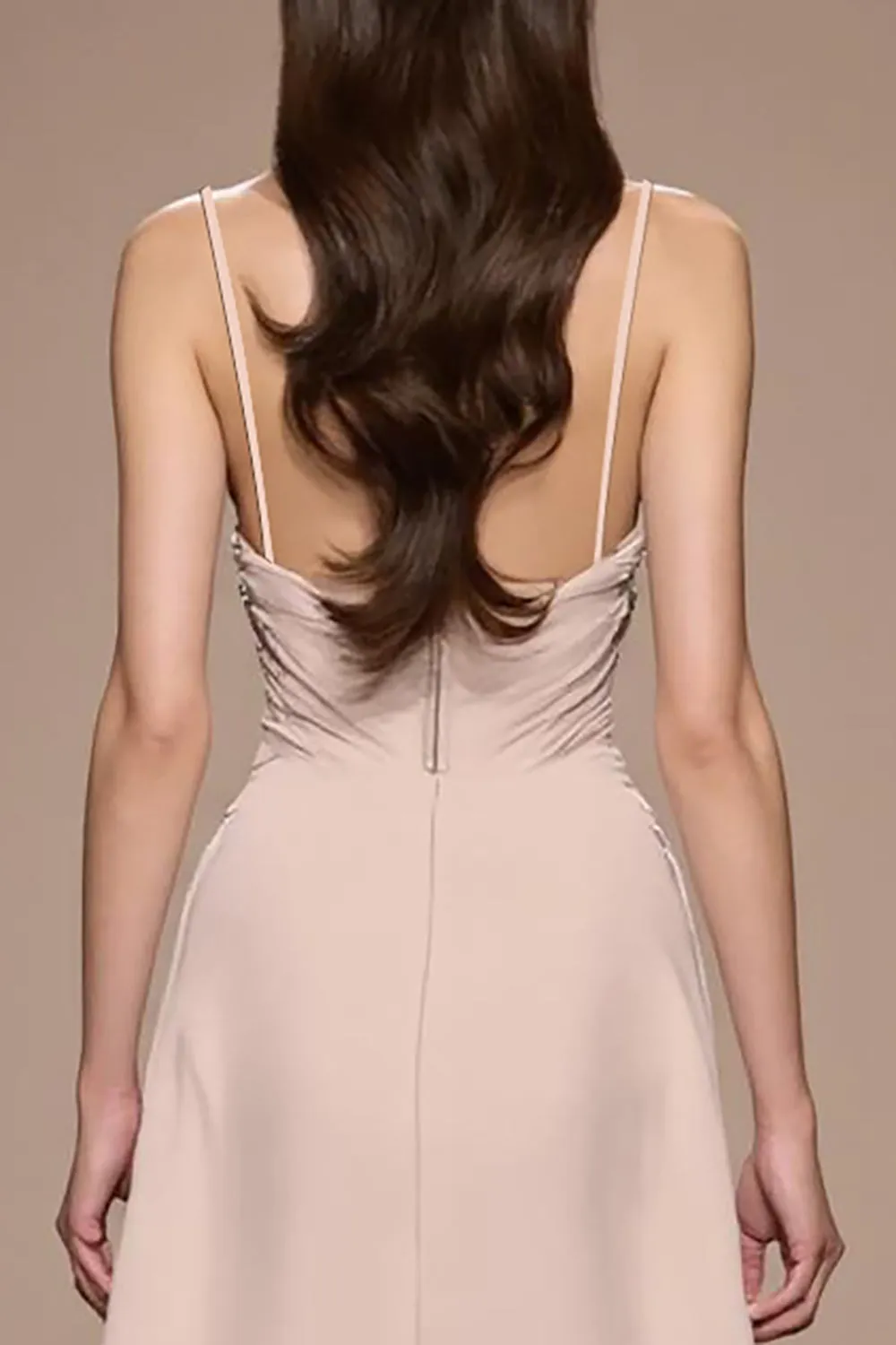 Champagne A Line Satin Ruched Maxi Evening Dress with Slit sold by Zapaka product image thumbnail 4