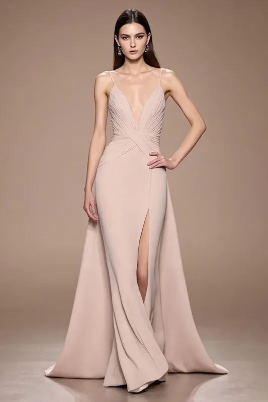 Champagne A Line Satin Ruched Maxi Evening Dress with Slit sold by Zapaka