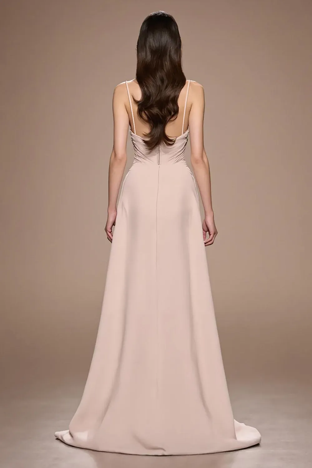 Champagne A Line Satin Ruched Maxi Evening Dress with Slit sold by Zapaka product image thumbnail 2