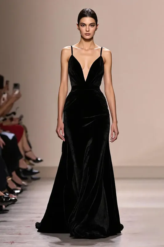 Black Velvet Spaghetti Straps Backless Evening Dress sold by Zapaka