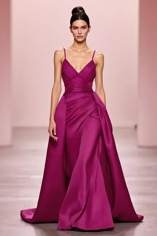 Plum Satin A Line Ruched Spaghetti Straps Long Evening Dress sold by Zapaka