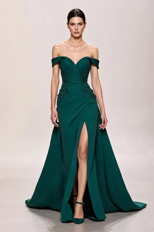 Light Green Satin A Line Long Evening Dress With Appliques sold by Zapaka