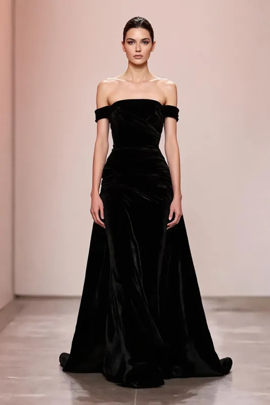 Black A Line Velvet Off The Shoulder Long Evening Dress sold by Zapaka