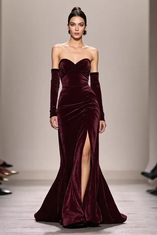 Dark Red Strapless Long Velvet Evening Dress With Slit sold by Zapaka