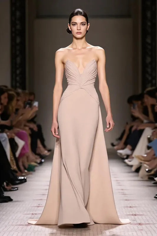 Champagne Satin Strapless Ruched Maxi Evening Dress sold by Zapaka