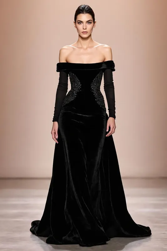 Black Velvet Off The Shoulder Long Evening Dress With Sleeves sold by Zapaka