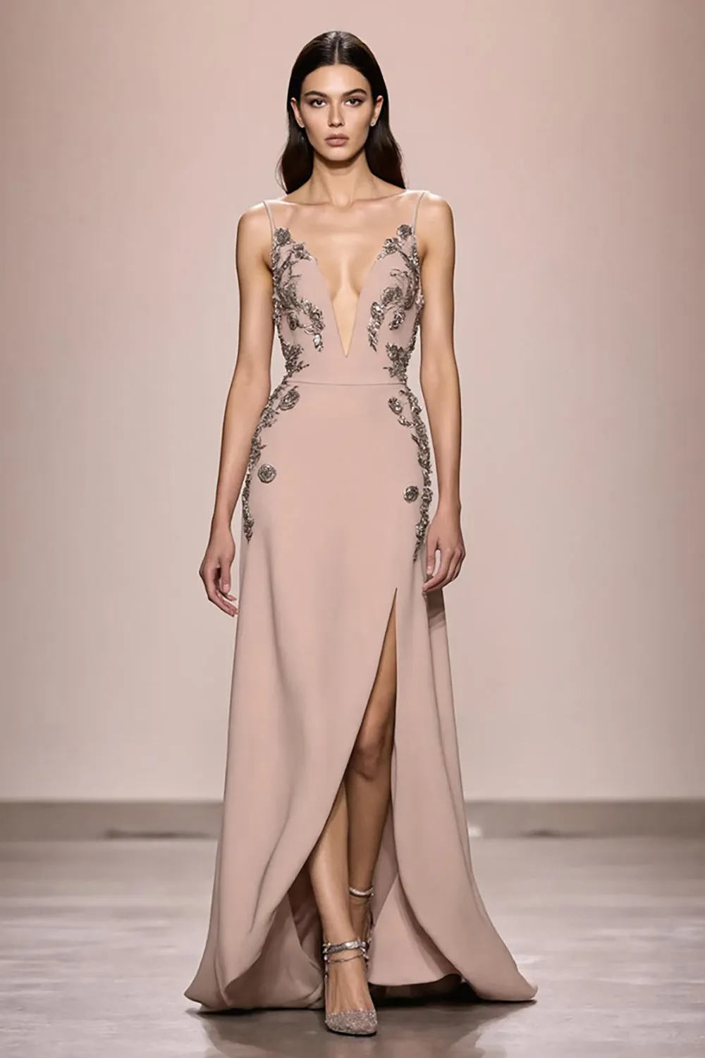 Champagne A Line Long Satin Evening Dress With Slit sold by Zapaka