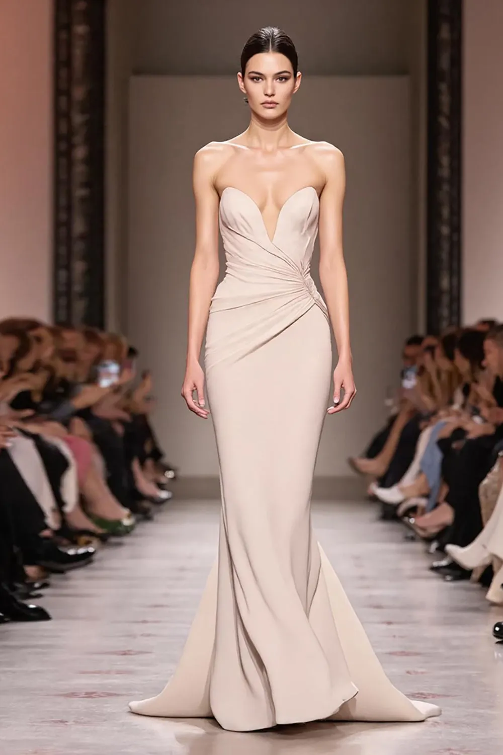 Champagne Satin Mermaid Strapless Ruched Long Evening Dress sold by Zapaka