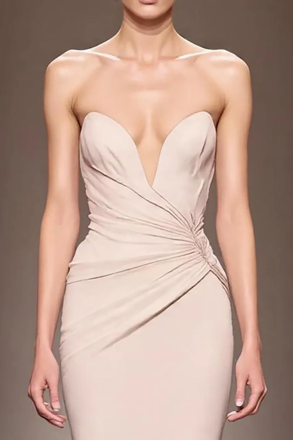 Champagne Satin Mermaid Strapless Ruched Long Evening Dress sold by Zapaka product image thumbnail 3