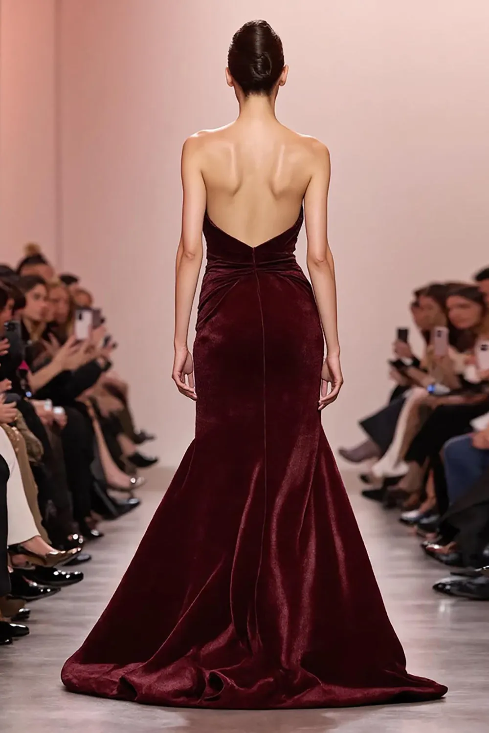 Dark Red Mermaid Velvet Ruched Strapless Long Evening Dress sold by Zapaka product image thumbnail 2
