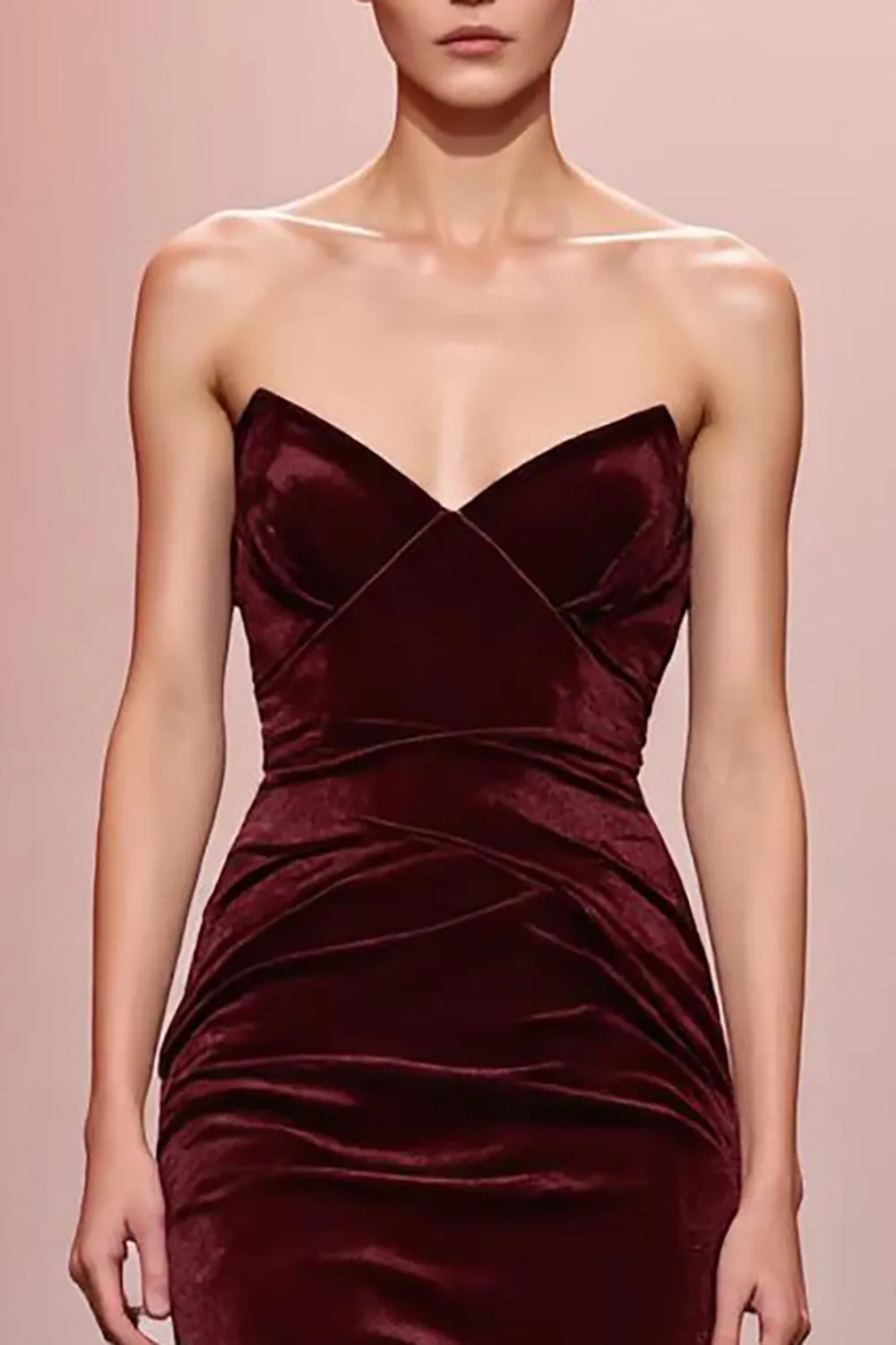 Dark Red Mermaid Velvet Ruched Strapless Long Evening Dress sold by Zapaka product image thumbnail 3