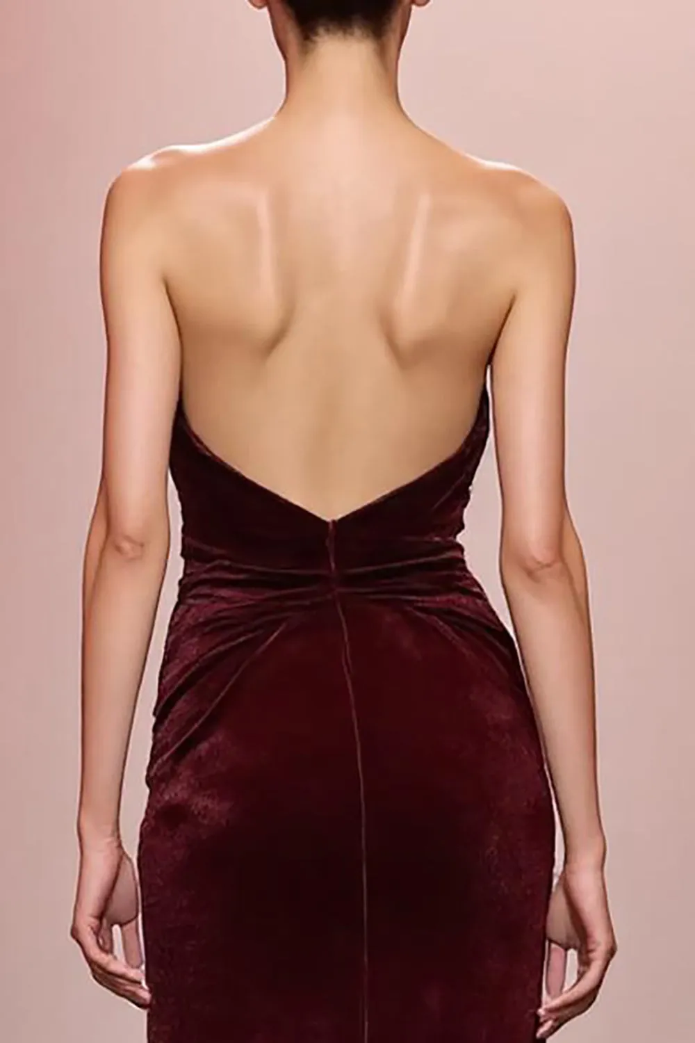 Dark Red Mermaid Velvet Ruched Strapless Long Evening Dress sold by Zapaka product image thumbnail 4