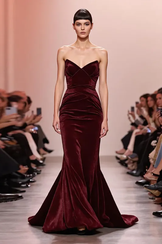 Dark Red Mermaid Velvet Ruched Strapless Long Evening Dress sold by Zapaka