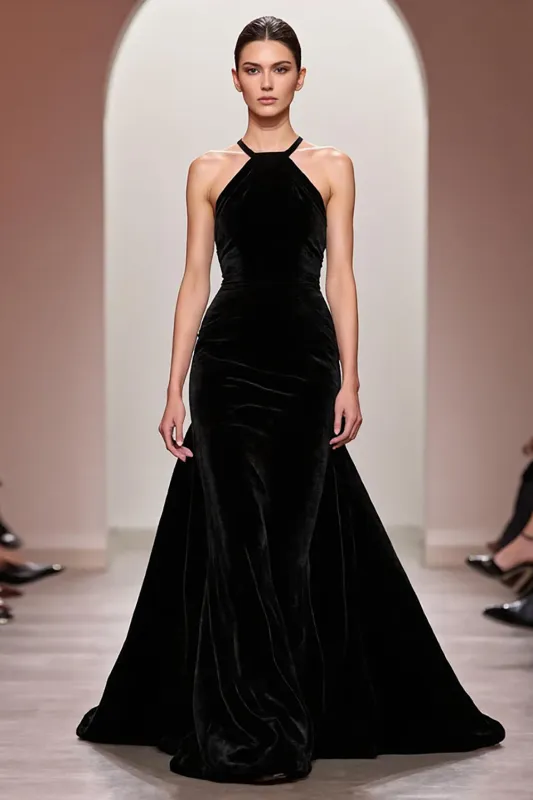 Black Velvet A Line Halter Long Evening Dress sold by Zapaka