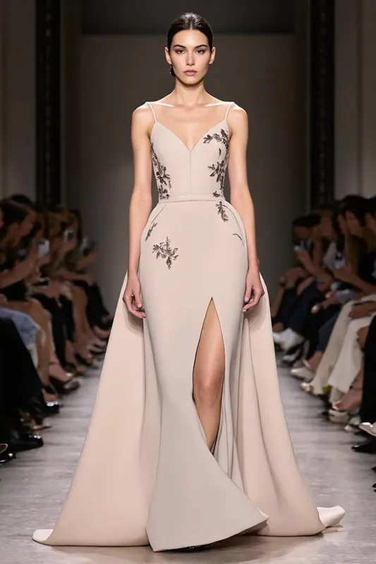 Champagne A Line Spaghetti Straps Long Evening Dress With Slit sold by Zapaka