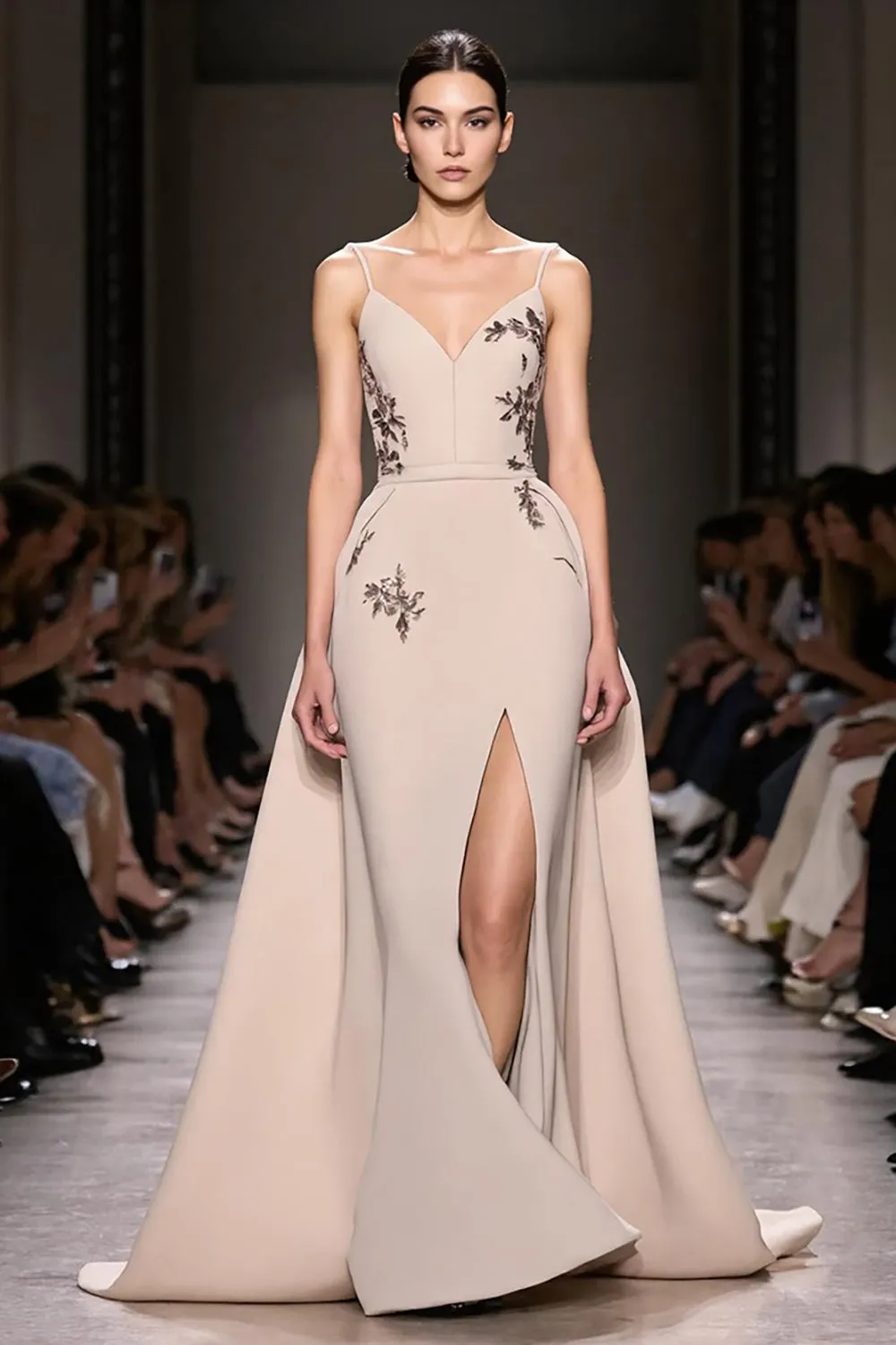 Champagne A Line Spaghetti Straps Long Evening Dress With Slit sold by Zapaka