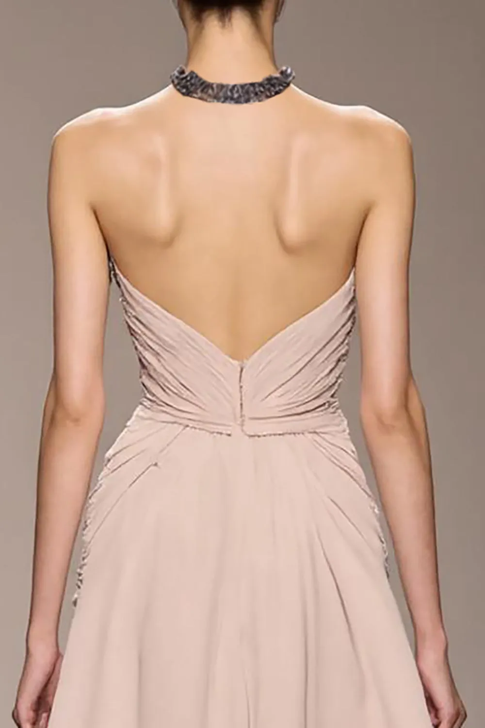 Champagne Satin Halter Long Evening Dress With Beading sold by Zapaka product image thumbnail 4