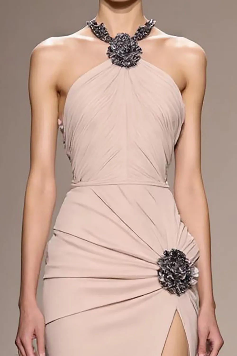 Champagne Satin Halter Long Evening Dress With Beading sold by Zapaka product image thumbnail 3