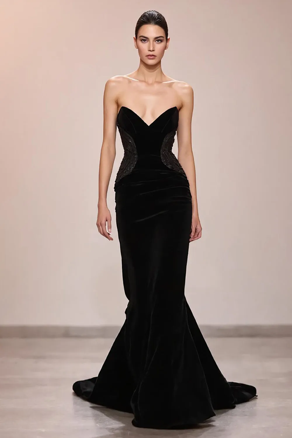 Black Velvet Mermaid Strapless Long Evening Dress sold by Zapaka
