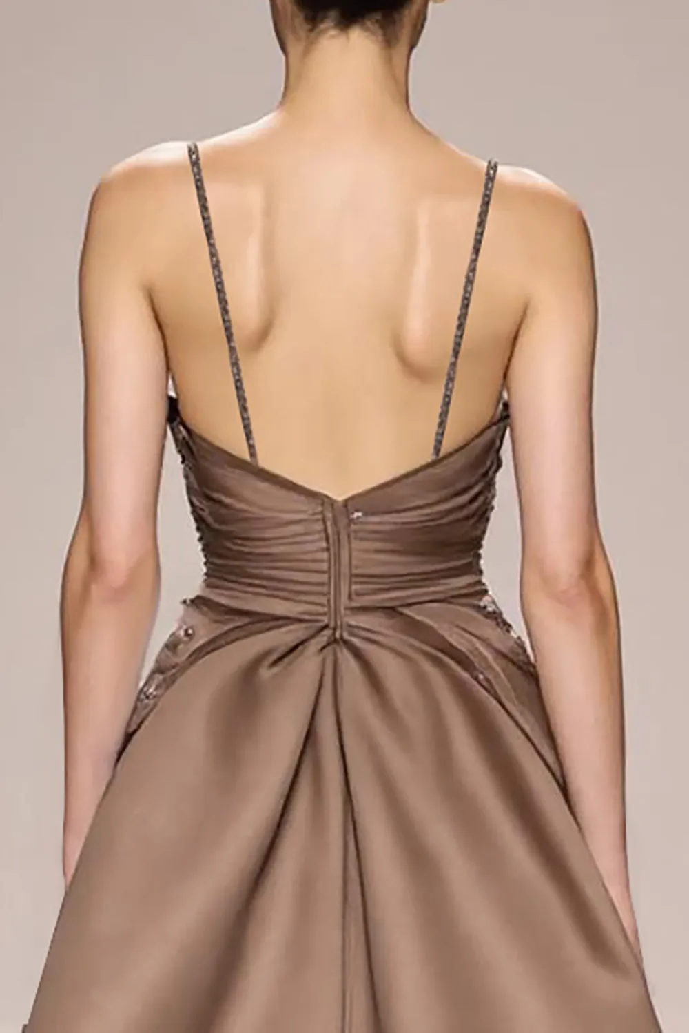 Coffee Satin Ruched A Line Long Evening Dress With Slit sold by Zapaka product image thumbnail 4