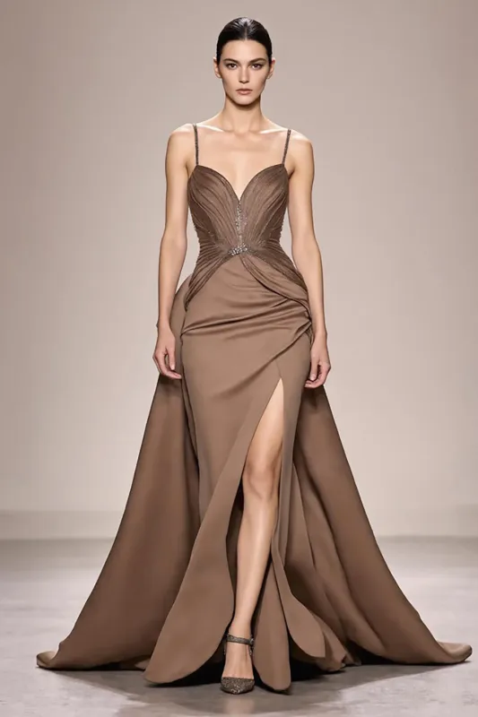 Coffee Satin Ruched A Line Long Evening Dress With Slit sold by Zapaka