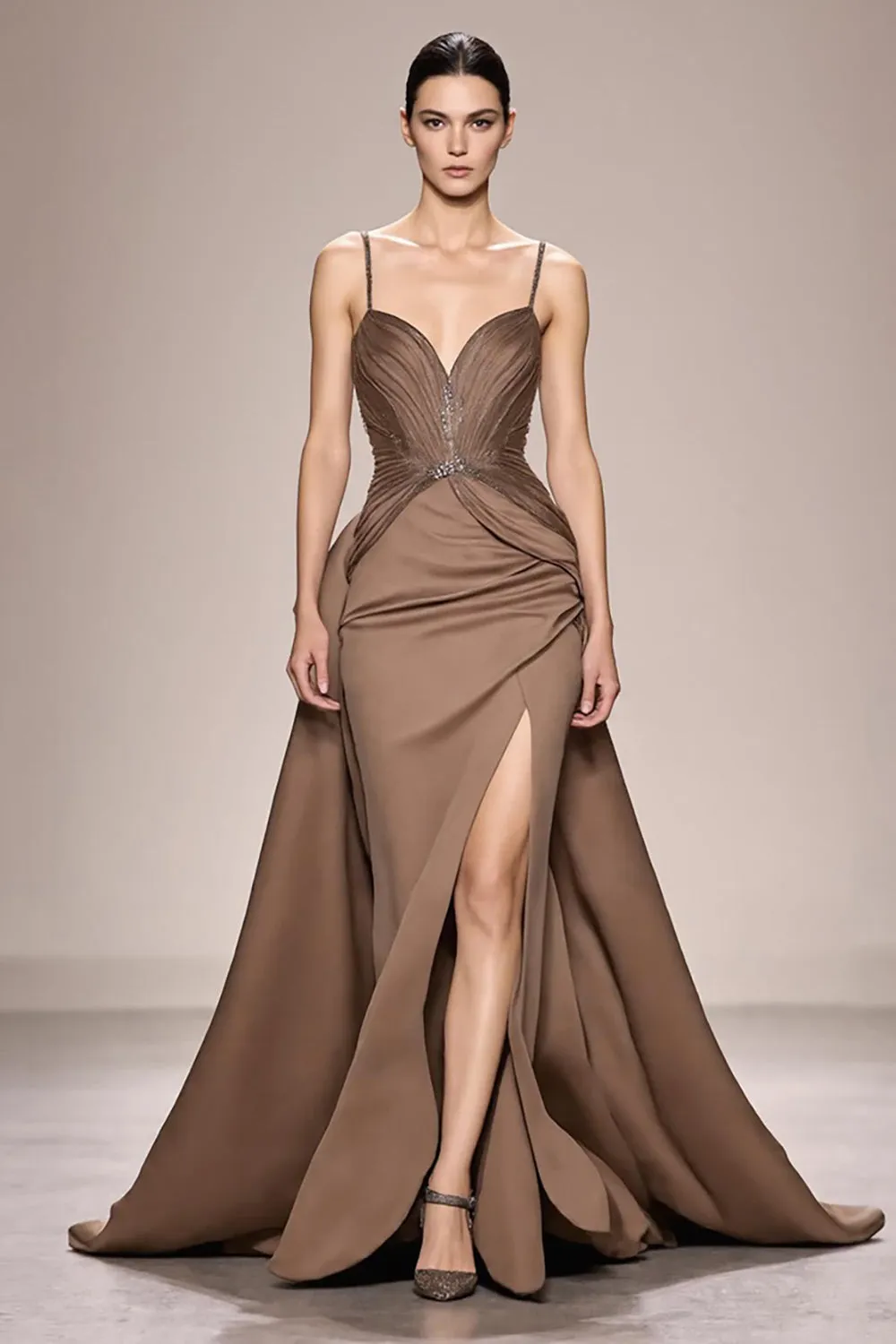 Coffee Satin Ruched A Line Long Evening Dress With Slit sold by Zapaka
