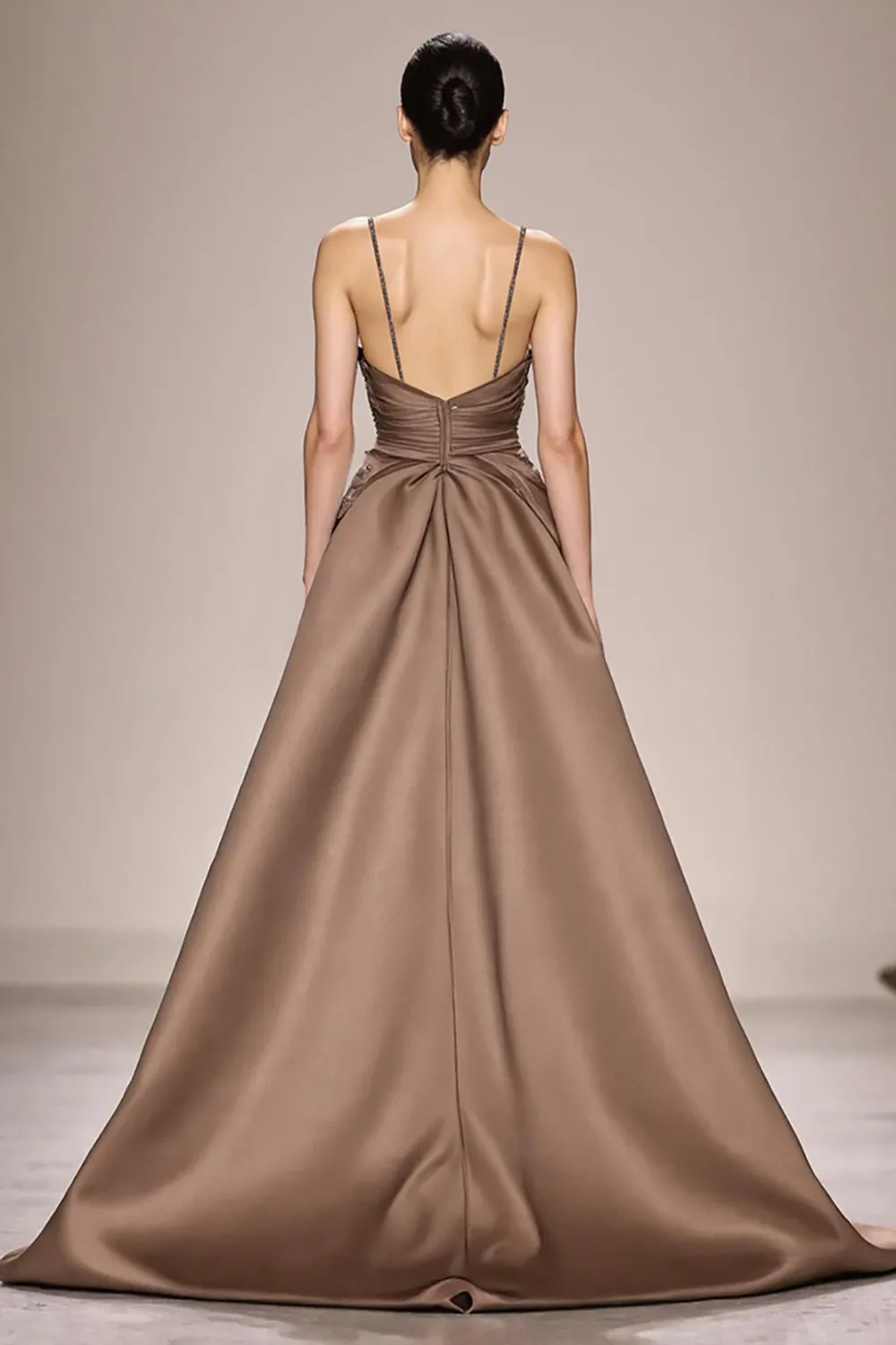Coffee Satin Ruched A Line Long Evening Dress With Slit sold by Zapaka product image thumbnail 2